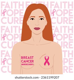 Breast Cancer Awareness Month. Redhead woman with lumpectomy breast scar and pink ribbon. Faith, hope, cure phrase. Cancer prevention and women health care support vector illustration