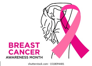 Breast cancer awareness month. Awareness ribbon with girl vector illustration. Poster design with pink ribbon