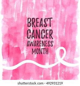 Breast Cancer Awareness Month ribbon banner, poster. Vector text on pink watercolor background, white ribbon.