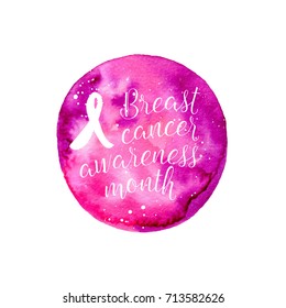 Breast Cancer Awareness Month ribbon banner, poster. Vector text on pink watercolor background, white ribbon.