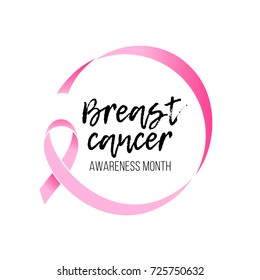 Breast cancer awareness month round emblem with hand drawn lettering. Vector pink ribbon circle icon on white background.