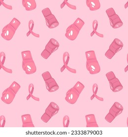 Breast cancer awareness month seamless pattern with pink ribbon and gloves