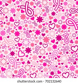 Breast Cancer awareness month seamless pattern with many objects, background with Pink Ribbon, female sweet vector illustration