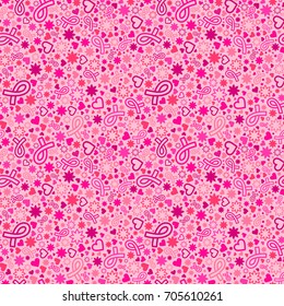 Breast Cancer awareness month seamless pattern with many cute objects, background with Pink Ribbons, hearts and flowers, vector illustration