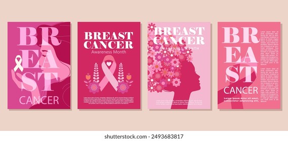 Breast Cancer Awareness Month set banner for social media, cover, background. vector illustration