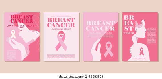 Breast Cancer Awareness Month set banner for social media, cover, background. vector illustration