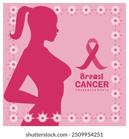Breast cancer awareness month. Silhouette of woman with pink ribbon. Breast cancer awareness month concept. Flat vector illustration.