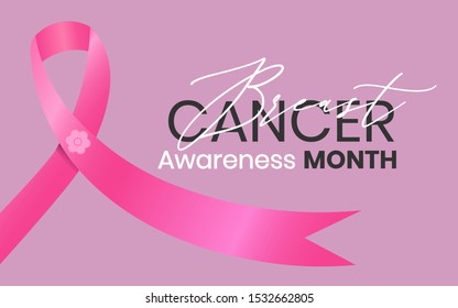 Breast cancer awareness month simple poster with pink ribbon gradient background design. Vector Illustration