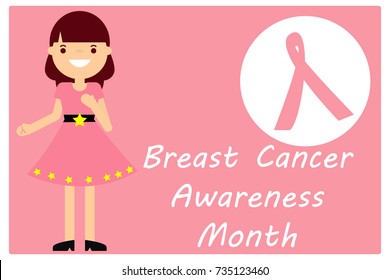 Breast Cancer Awareness Month smiling women with pink  ribbons.vector illustration