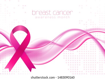 Breast cancer awareness month. Smooth elegant waves and pink ribbon tape design. Vector women healthcare abstract background