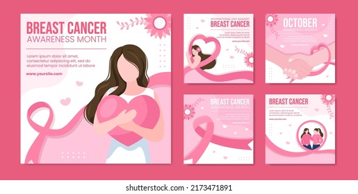 Breast Cancer Awareness Month Social Media Post Template Flat Cartoon Background Vector Illustration