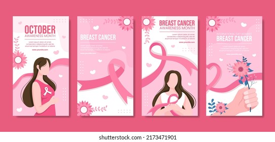 Breast Cancer Awareness Month Social Media Stories Template Flat Cartoon Background Vector Illustration