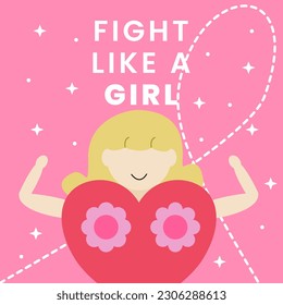 Breast cancer awareness month social Media poster square. Strong women fight cancer. Powerful women fight against breast cancer. Fight like a girl poster. Breast cancer campaign