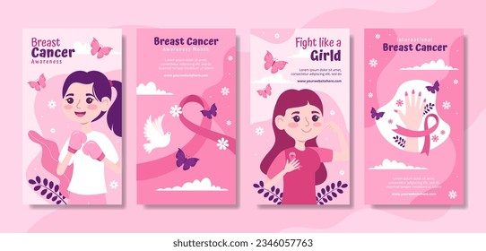 Breast Cancer Awareness Month Social Media Stories Flat Cartoon Hand Drawn Templates Background Illustration