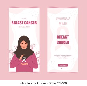 Breast cancer awareness month stories template. Happy arab woman in hijab with ribbon. Annual international health campaign. Social media background. Vector illustration in flat cartoon style.