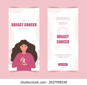 Breast cancer awareness month stories template. Happy woman with ribbon. Annual international health campaign. Social media background. Vector illustration in flat cartoon style.