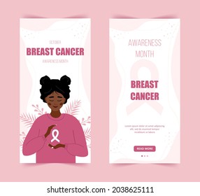 Breast cancer awareness month stories template. Happy african woman with ribbon. Annual international health campaign. Social media background. Vector illustration in flat cartoon style.