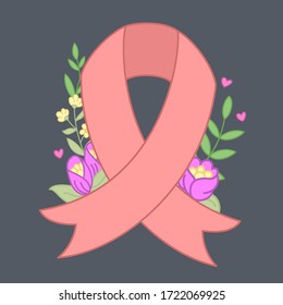 Breast cancer awareness month supporting banner with pink ribbon, floral elements. Breast cancer, fighter, survivor, health, help, medicine. Vector isolated graphic design elements.