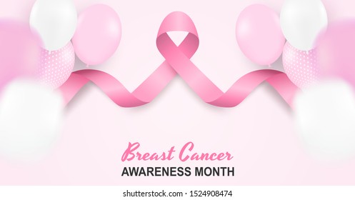 Breast cancer awareness month symbol emblem. Design with pink ribbon and balloons on soft pink background. vector.
