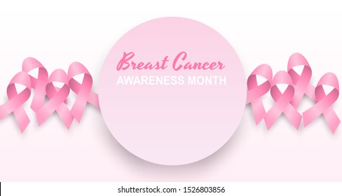 Breast cancer awareness month symbol emblem. Design with pink ribbon on soft pink background. paper art style. vector.