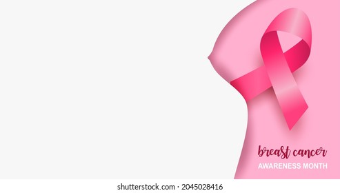 Breast cancer awareness month symbol emblem. Design with pink ribbon on pink background. vector.