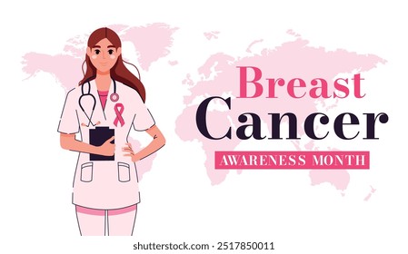 Breast Cancer Awareness Month. Symbol pink ribbon. Malignant tumor. Medical. Flat. October. Observation. Health examination. Protecting, supporting women's health. Typography. Mammography. Diagnosis