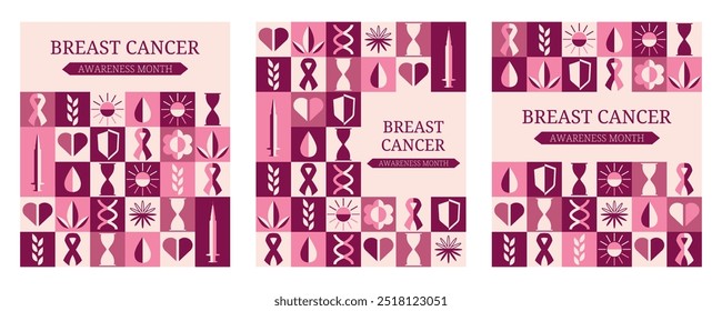 Breast Cancer Awareness Month. Symbol pink ribbon. Tumor. Flat. October. Women's health. Set of banner, poster. Geometric shapes in minimalistic style. Y2k elements. Collage of Squares, lines, circles