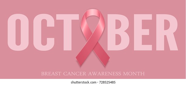 Breast cancer awareness month symbol emblem with vector pink ribbon sign on pink background with text october