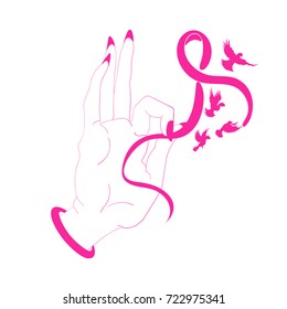 Breast Cancer Awareness Month symbol.International health campaign for woman in October.A female hand holds a ribbon of pink color with flying silhouettes of pigeon birds. Hope. Health. Vector 