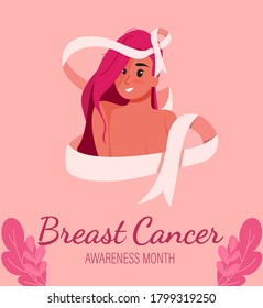 Breast Cancer Awareness Month Vector Illustration, World Cancer Ribbon, Pink ribbon, Support Breast Cancer Survivor Poster Slogan Flat Design, Beautiful young woman with long hair in pink color