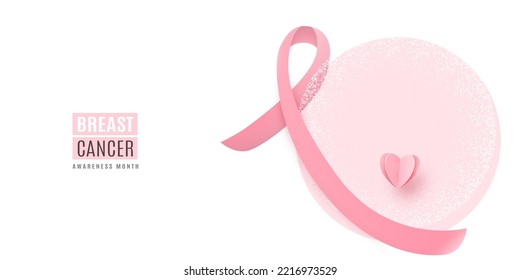 Concienciación de cáncer de mama mes fondo vectorial, concepto mínimo con pecho estilizado, corazón, cinta, signo de texto. Ilustración sanitaria creativa de la mujer en un sencillo estilo rosa plano.