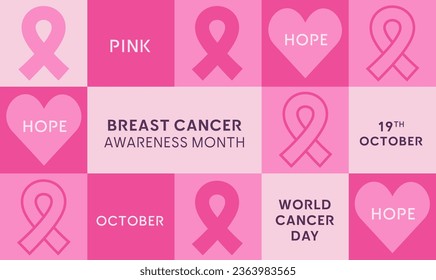 Breast Cancer Awareness Month. Vector greeting card, banner, poster, cover. Trendy design with pink ribbons, heart and typography. Modern geometric minimalist style.