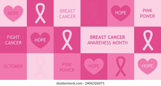 Breast Cancer Awareness Month. Vector greeting card, banner, poster, cover. Trendy design with pink ribbons, heart and typography. Modern geometric minimalist style