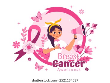 Brustkrebs-Bewusstsein Monat Vektorgrafik von verschiedenen Frauen mit rosafarbenem Unterstützungsband für die Solidaritätskampagne im Gesundheitswesen auf ebenem Hintergrund