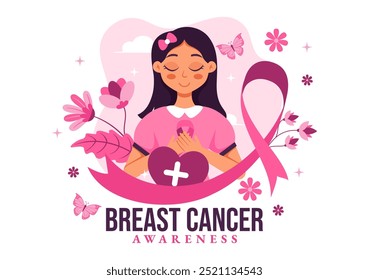 Breast Cancer Awareness Month Vector Illustration of Diverse Women with Pink Support Ribbon for Healthcare Campaign Solidarity in a Flat Background