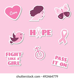 Breast cancer awareness month vector icons, stickers, labels, pins. Slogan, phrases and symbols of pink ribbon, hope and etc. For web, applications, apparel, campaign design and other business