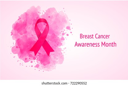 Breast Cancer Awareness Month Vector Ribbon banner imitation of watercolor background