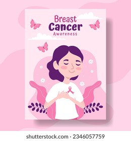 Breast Cancer Awareness Month Vertical Poster Flat Cartoon Hand Drawn Templates Background Illustration