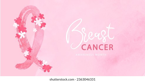 Breast cancer awareness month. Watercolor pink ribbon and flowers. Beautiful poster with hand drawn ribbon.Vector illustration