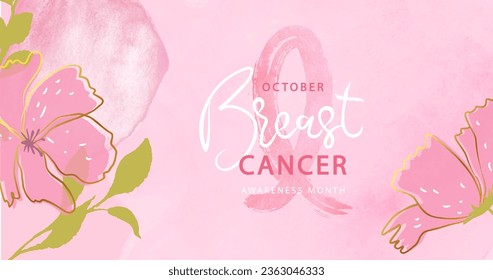 Breast cancer awareness month. Watercolor pink ribbon, flowers and leaves. Beautiful poster with hand drawn plants.Vector illustration