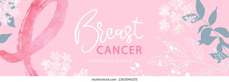 Mes de concienciación sobre el cáncer de mama. Cinta color agua rosa, flores y hojas. Hermoso afiche con plantas dibujadas a mano.Ilustración vectorial