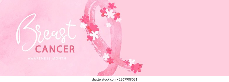 Breast cancer awareness month. Watercolor pink ribbon and flowers. Beautiful poster with hand drawn ribbon and space for text.Vector illustration