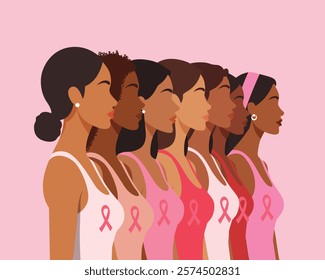 Breast Cancer Awareness Month. We fight together phrase. Diverse women with pink ribbons on chest stand together against cancer. Cancer prevention, women health vector illustration