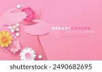 Breast Cancer awareness month web template illustration. Woman doing self examination in papercut style with spring flowers. Pink paper cut design for disease prevention or october support campaign.