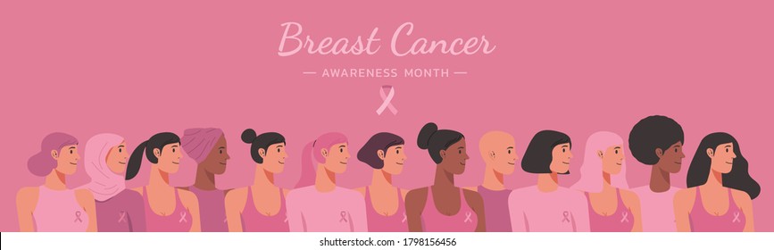 breast cancer awareness month web banner of diverse ethnic females group together with pink support ribbon concept, cartoon girl characters for disease prevention campaign, flat vector illustration