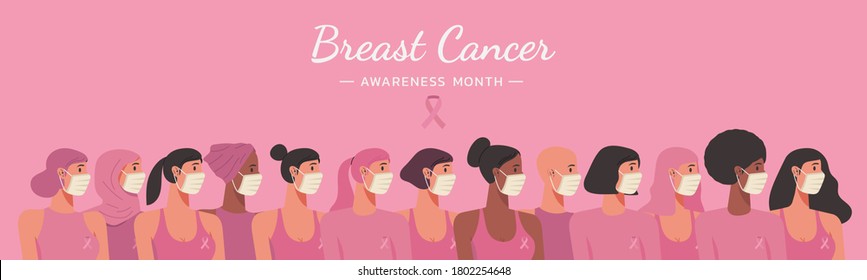 breast cancer awareness month web banner for disease prevention campaign of diverse ethnic females group together wearing face masks with pink support ribbon concept, vector flat illustration