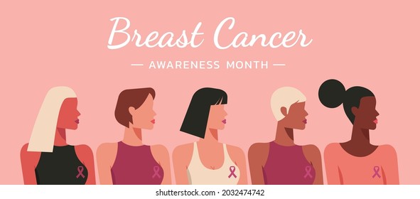 breast cancer awareness month web banner for disease prevention campaign of diverse ethnic women group together with pink support ribbon symbol concept, flat vector illustration
