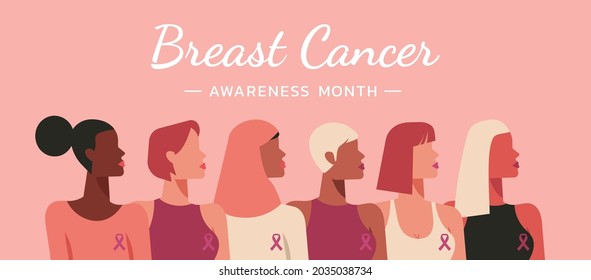 breast cancer awareness month web banner for disease prevention campaign and diverse ethnic women group together with pink support ribbon symbol on chest concept, flat vector illustration