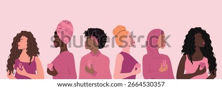 Breast Cancer Awareness Month web banner of women along with pink support ribbon. Disease prevention, solidarity or charity campaign flyer. Vector illustration