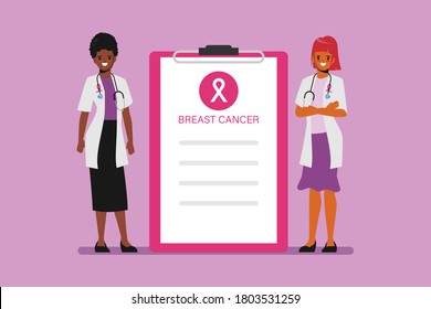 Breast Cancer Awareness Month Woman Character With Doctor Medical Treatment.